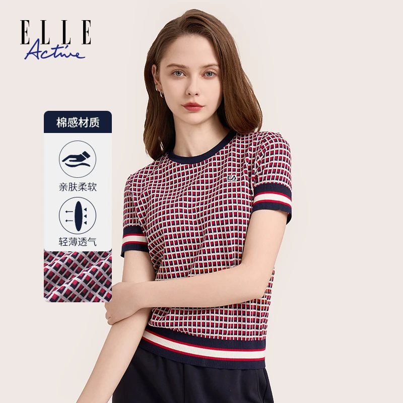 ELLE Active【立体提花】夏季时尚圆领拼接格纹针织衫短袖休闲t恤女