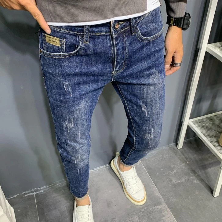 潮牌男士牛仔裤九分裤蓝色休闲水洗韩版潮流夏季弹力修身小脚裤子
