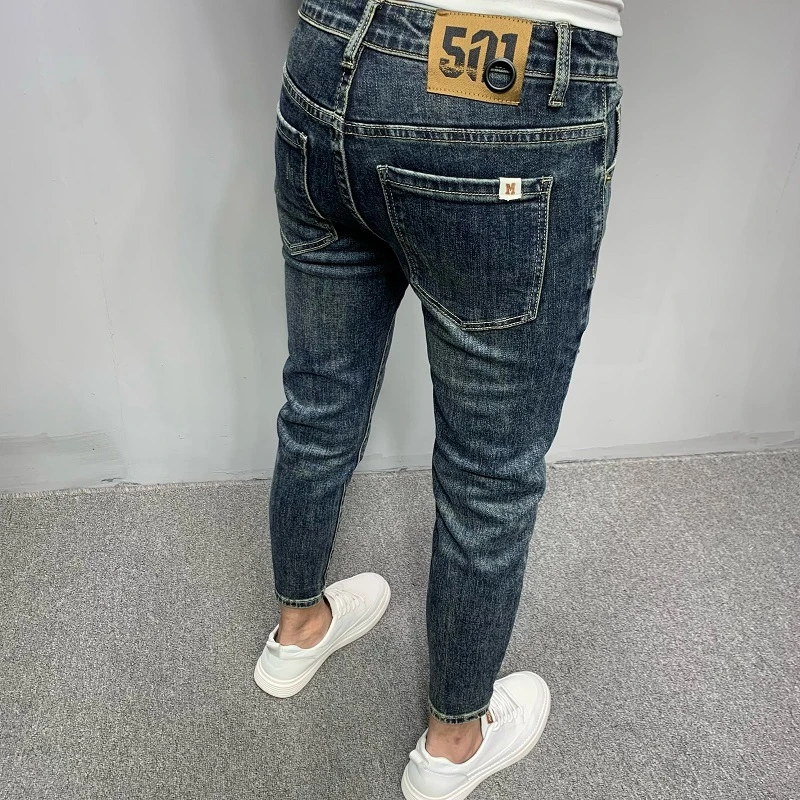 美式破洞牛仔裤男秋冬新款潮牌高端复古修身小脚潮流百搭蓝色长裤