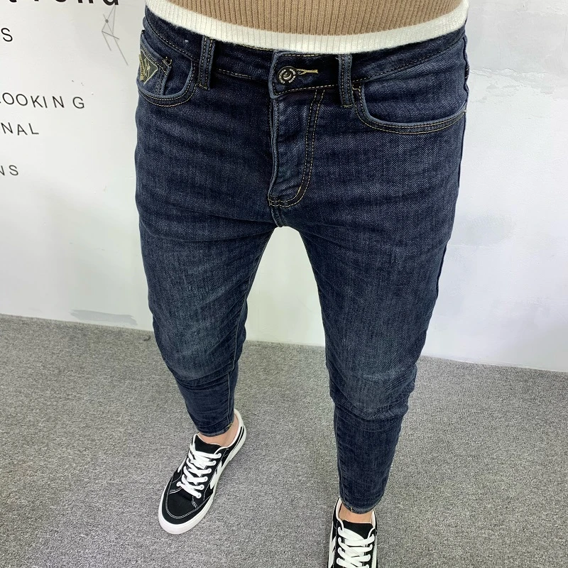 蓝灰色高档牛仔裤男2025秋冬新款韩版修身百搭修身弹力小脚长裤潮