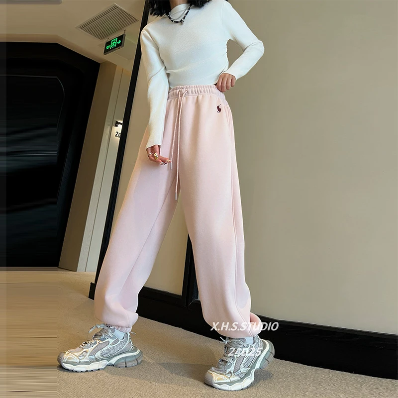 现货发2024冬款女装奥粒绒加厚小马刺绣卫裤休闲百搭韩系卫裤