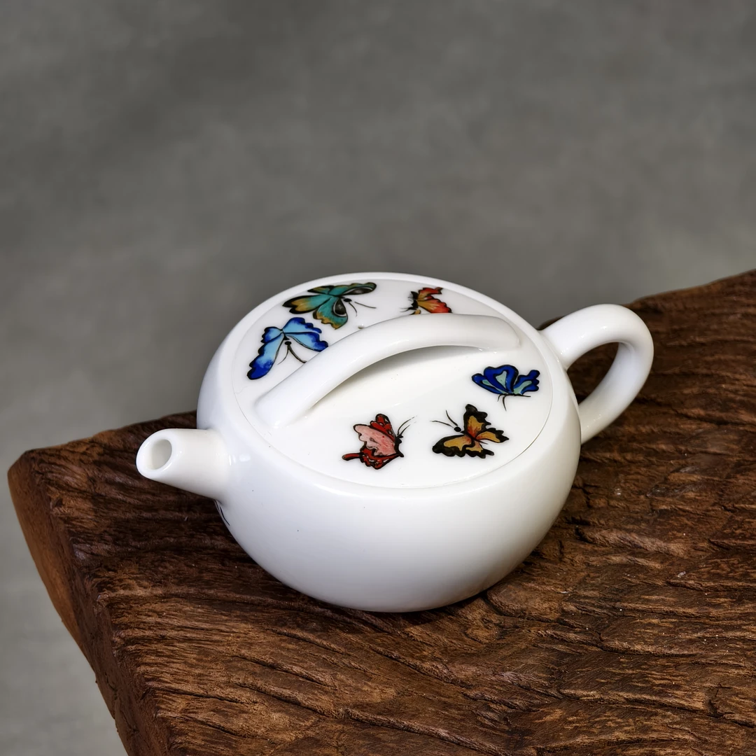 今喜高白瓷手绘蝴蝶陶瓷手抓壶汉瓦壶茶具