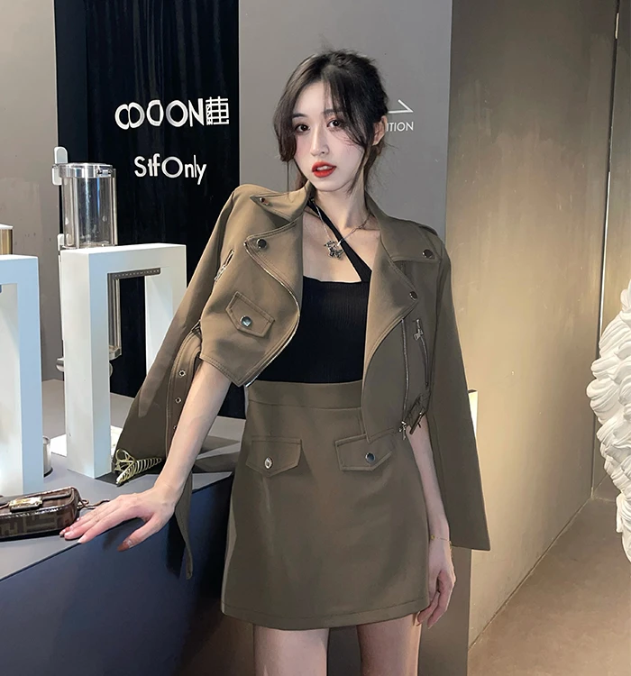 【艾薇】大码新款长袖机车外套女炸街设计感时尚外套+半身裙两件套