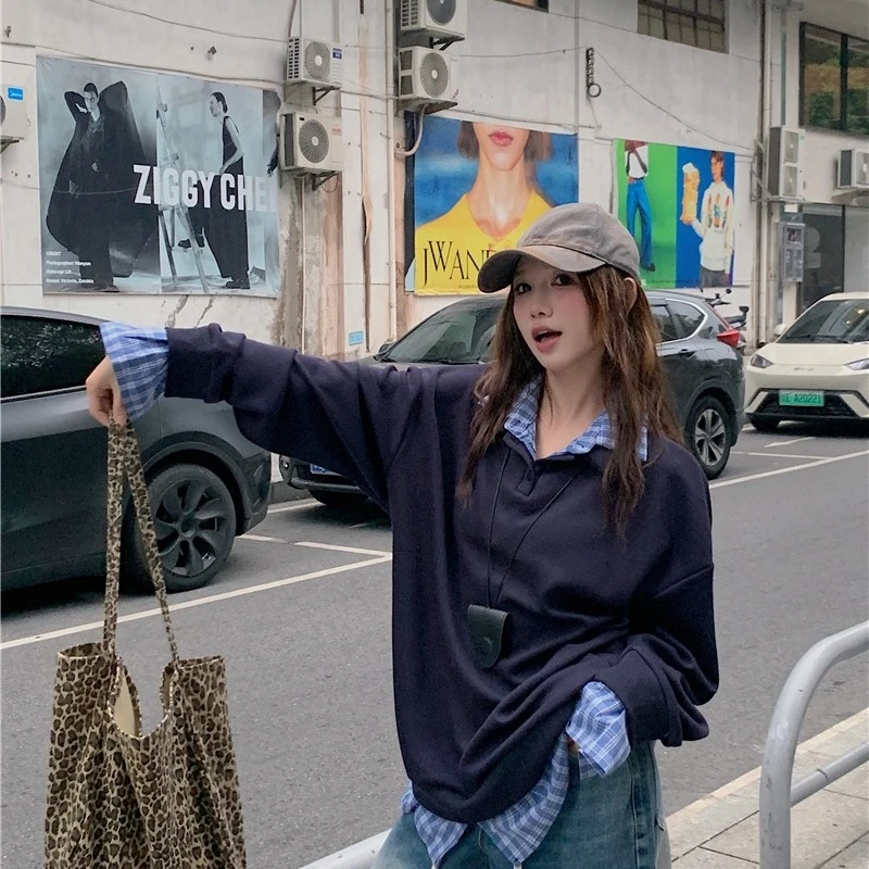 慵懒风假两件格子拼接长袖套头宽松卫衣女秋季翻领上衣Z261