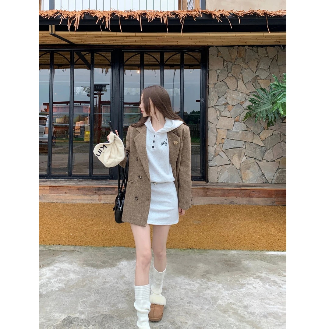 新款通勤高级感女秋毛呢格纹西装外套秋季学院风复古西服 Z263