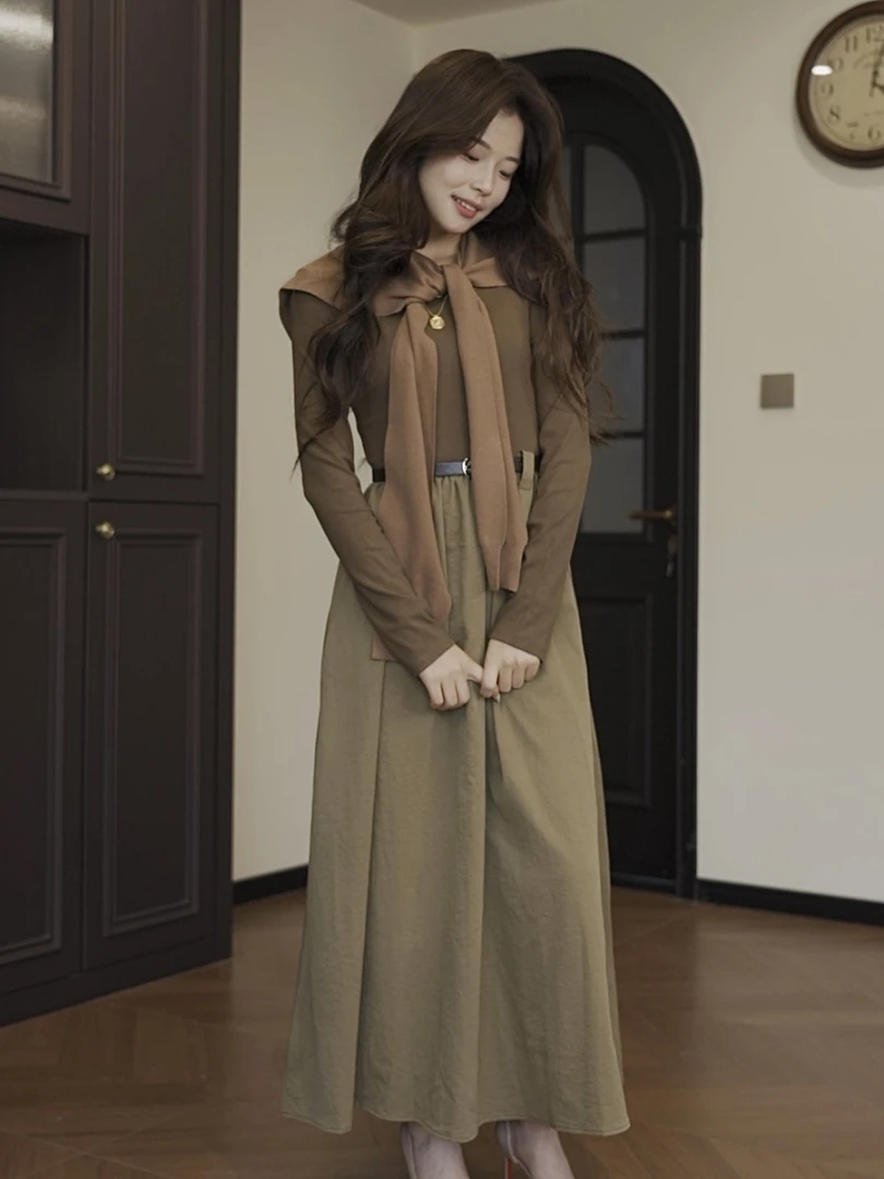 圆领显瘦长袖连衣裙a字长裙披肩三件套 (实物以图片为参考) z167