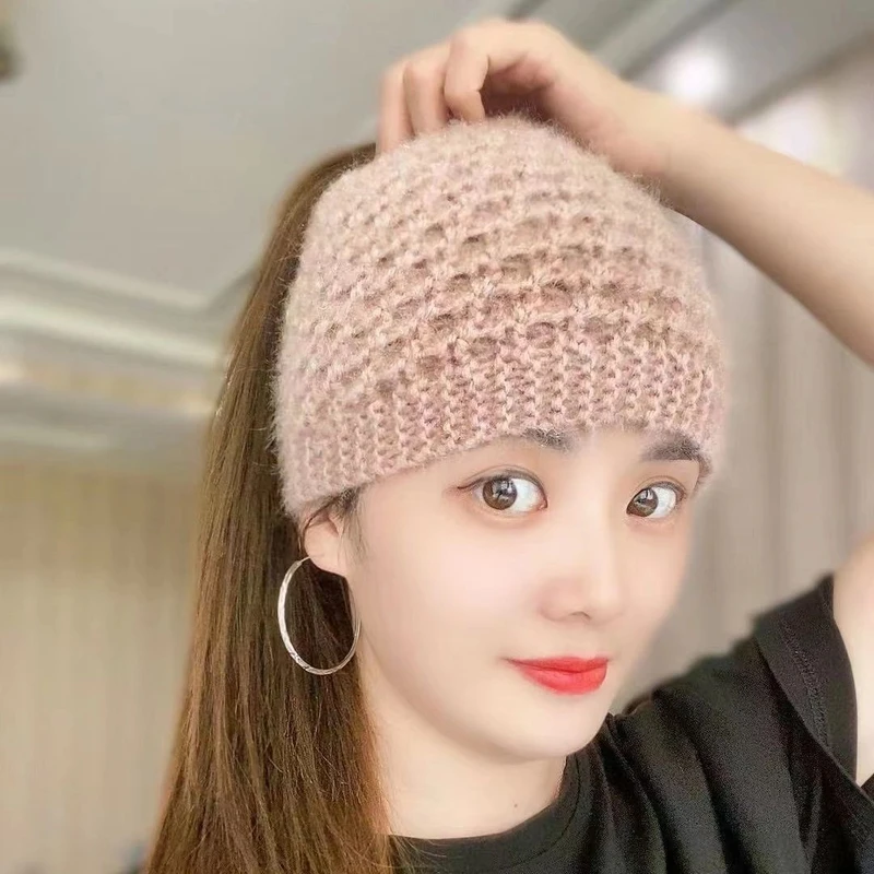 毛线针织秋冬护耳头套发带帽宽边头巾女头饰遮白发头箍保暖发带女