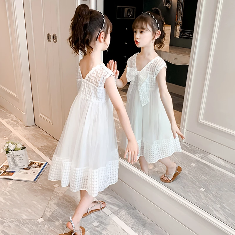 女童甜美连衣裙2023年夏季新款儿童背心裙中大童网纱蝴蝶结公主裙