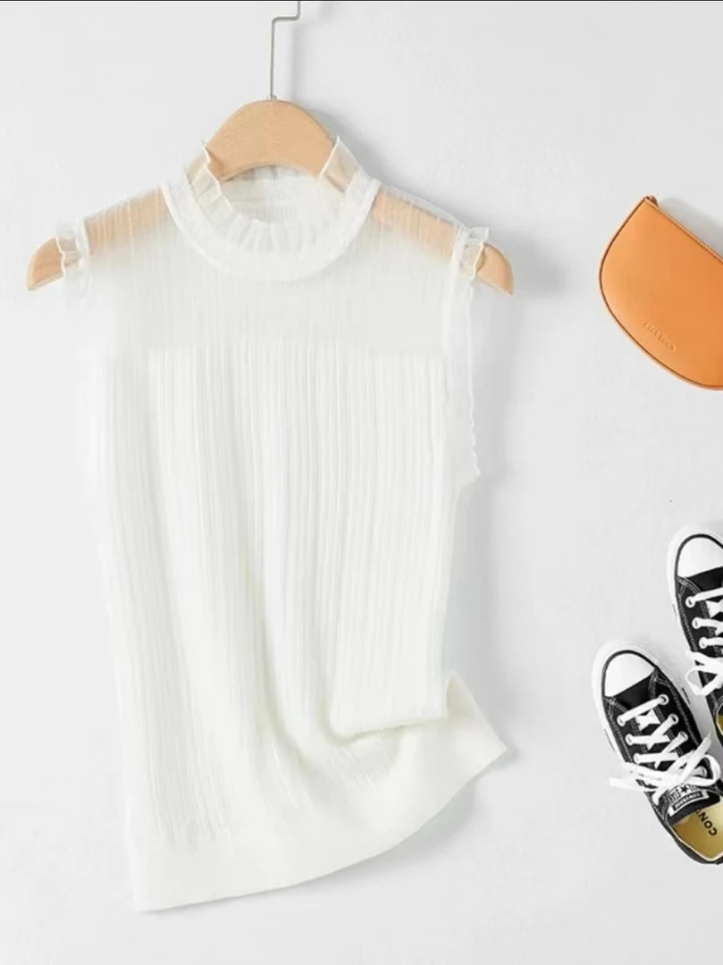 2025春夏搭配神器新款欧根纱木耳领背心女半高领打底无袖针织衫