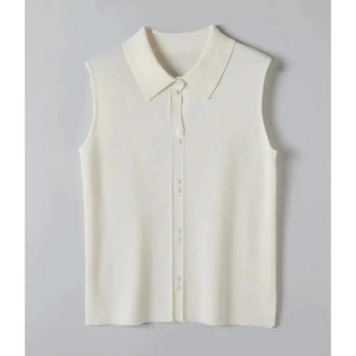 POLO衫女款羊毛衫网红翻领上衣秋冬衬衫女款外穿气质无袖白色