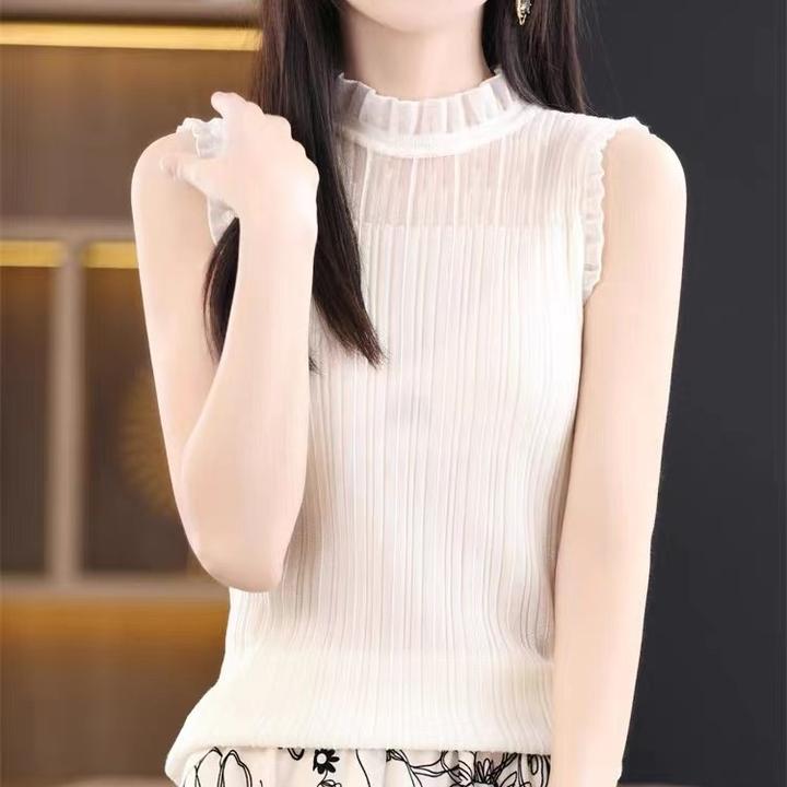 2023春装新款欧根纱木耳领背心女性感半高领内搭打底无袖针织衫