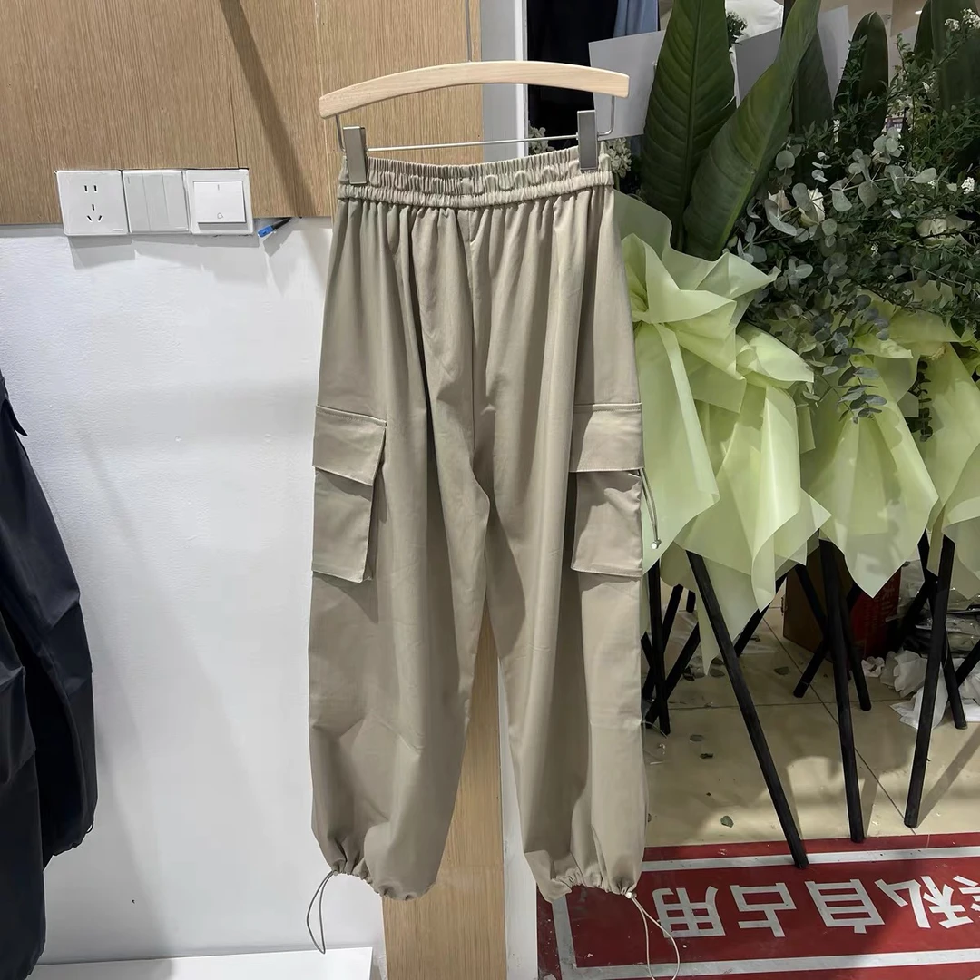 美式宽松多口袋工装裤女新款休闲褶皱抽绳束脚直筒裤运动