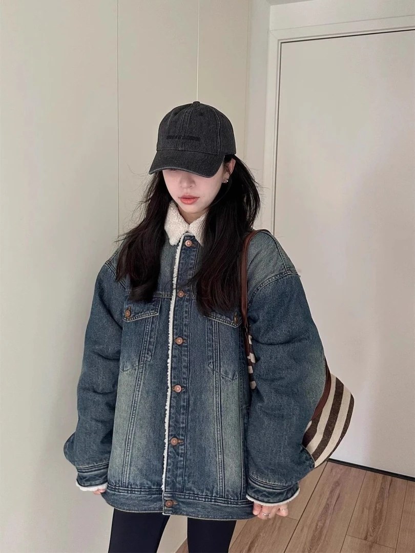 2024冬装新款牛仔外套女加绒加厚棉服韩版宽松oversize复古夹克
