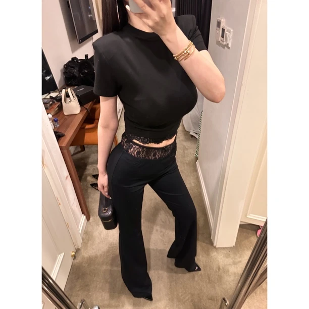 元林【蕾丝】福利设计感蕾丝边拼接显瘦高腰短款短袖T恤X0026SY