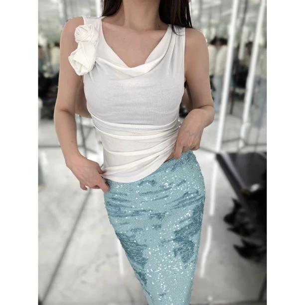 元林【月下山茶花】福利花朵无袖设计感上衣X0022SY