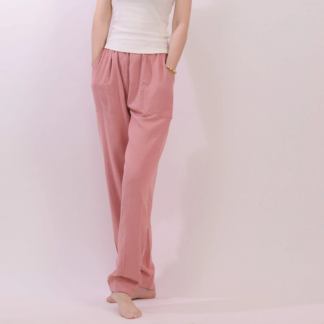 全棉双层纱睡衣家居裤春秋可外穿休闲裤宽松纯色直筒