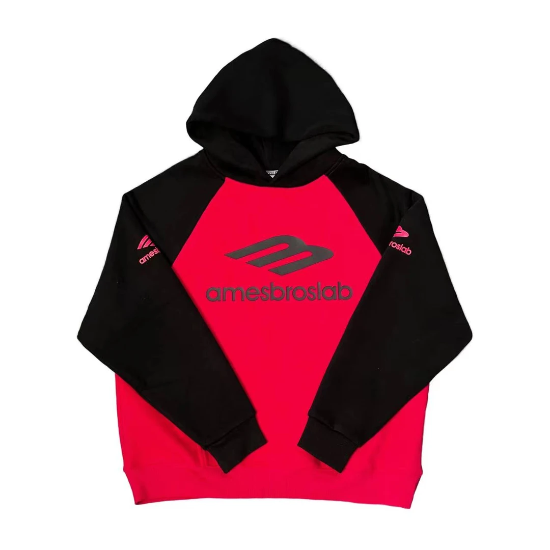 [NW]黑红插肩袖AM印花字母休闲时尚连帽加奥粒绒卫衣(暖暖冬日）