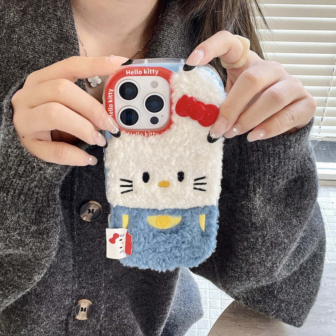 拼色KT猫适用苹果16promax毛绒壳16pro卡通16/15可爱14少女13秋冬