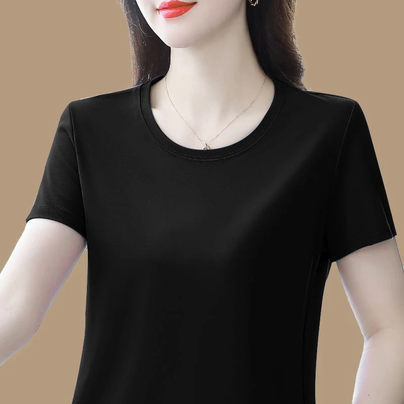 夏装时髦中年妈妈棉短袖T恤女大码纯色休闲百搭短袖宽松遮肚上衣