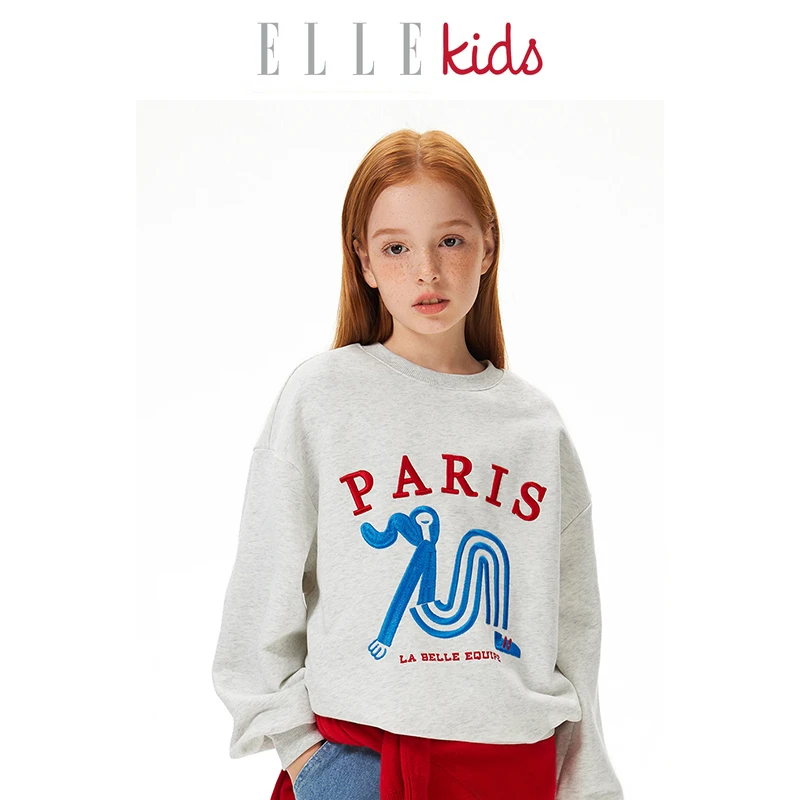 ELLEkids童装 法式立体绣花圆领卫衣女童2024春款休闲套头上衣C2