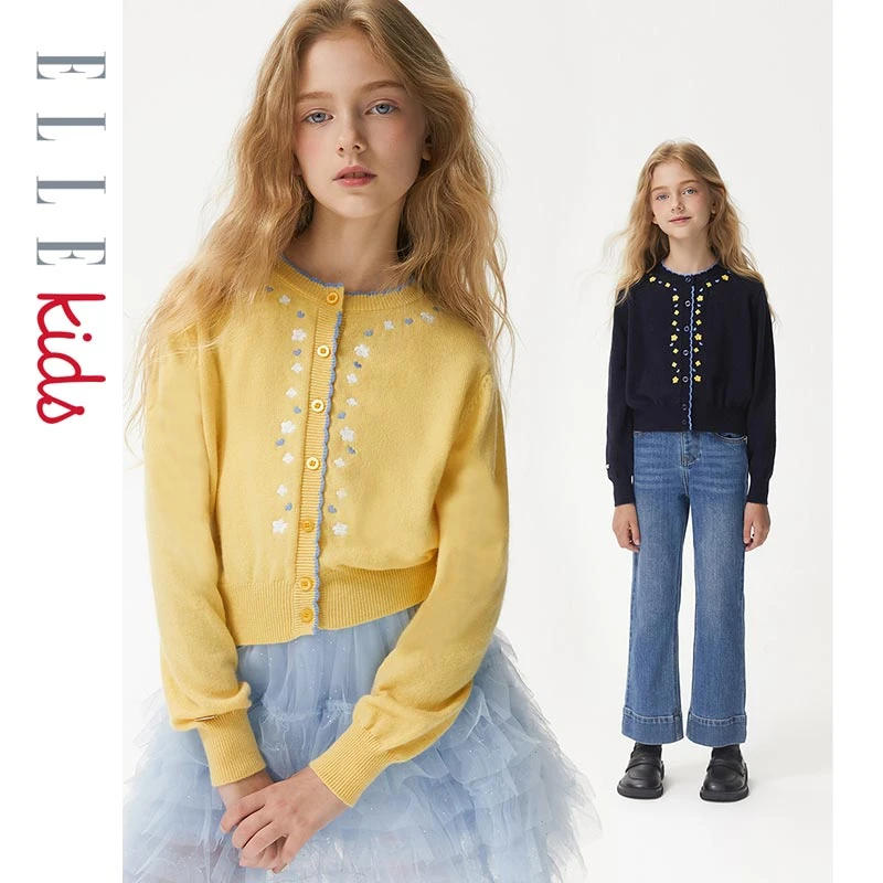 【ELLEkids】童装 绣花澳毛绒羊毛混纺毛衣开衫女童秋季针织外套