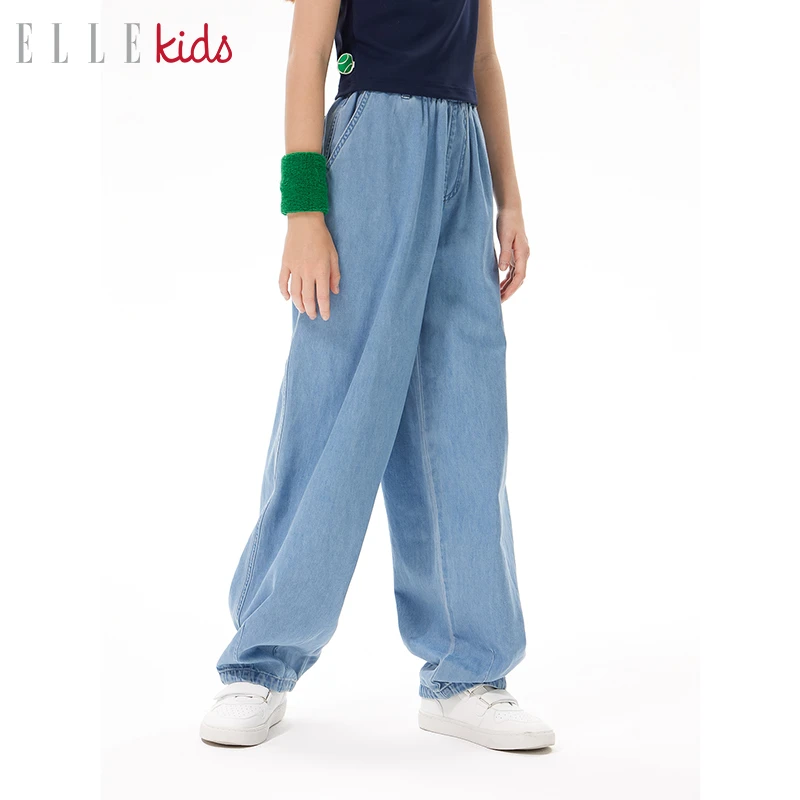 ELLEkids童装莱赛尔全棉牛仔裤男女童春全腰松紧收脚阔腿直筒裤C3