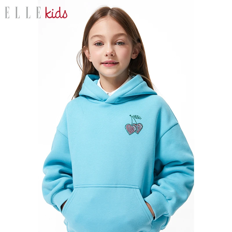 【ELLEkids】 法式学院风连帽运动衫女童秋冬加绒宽松樱桃钻上衣