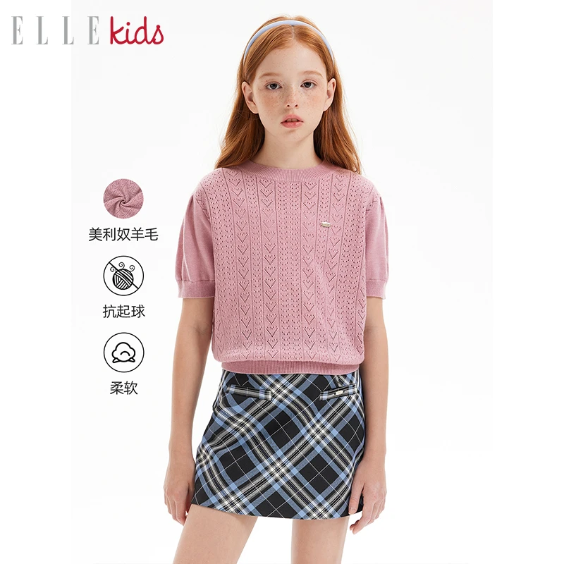 【ELLEkids】童装 爱心镂空针织短袖毛衣女童春季新款C1