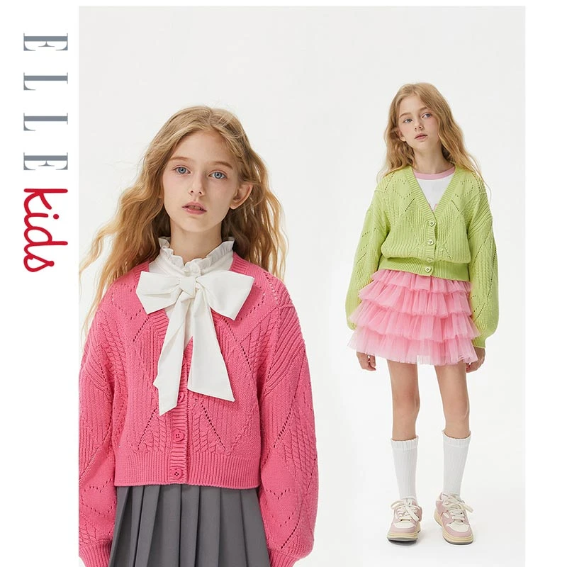 ELLEkids童装 爱心提花V领毛衣开衫女儿童秋季新款甜美针织外套