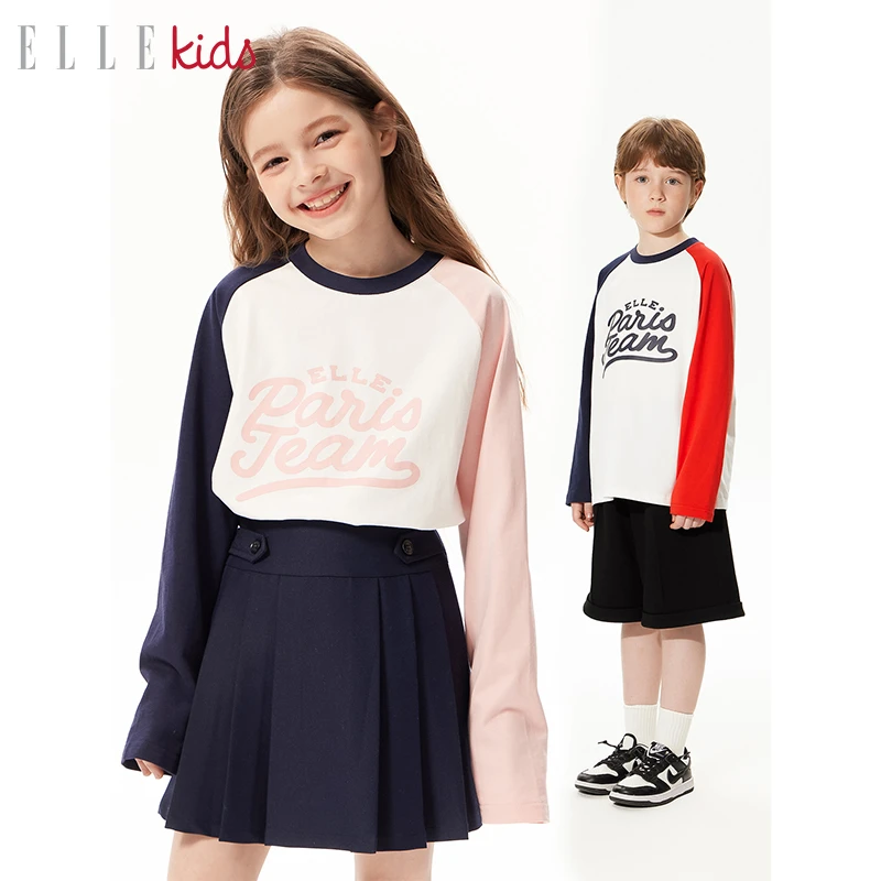 【ELLEkids】ZS 复古风插肩袖字母印花T恤男女童撞色圆领打底衫春秋