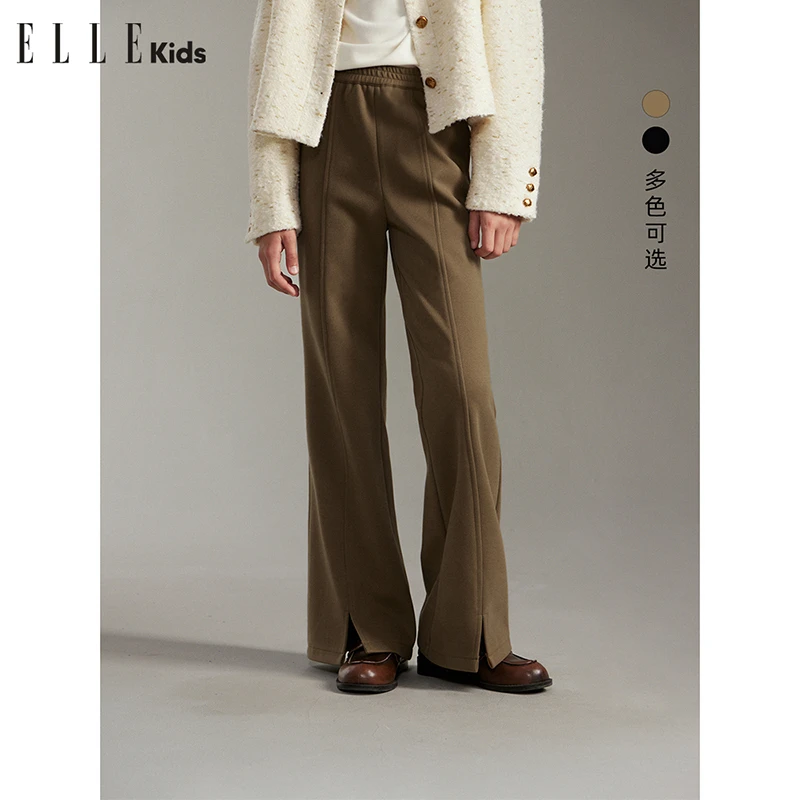 ELLE KIDS法式时髦宽松休闲显瘦高腰微喇开叉中厚小个子长裤D3