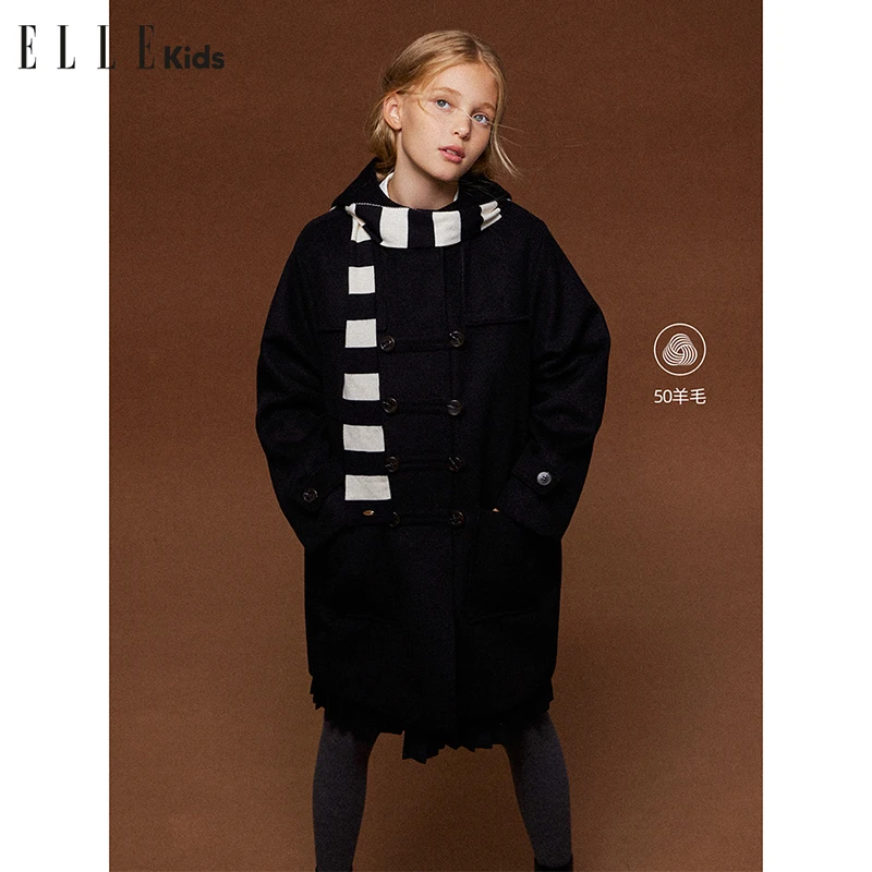 ELLE KIDS法式学院戴帽小个子呢大衣女童冬款含羊毛复古外套D1