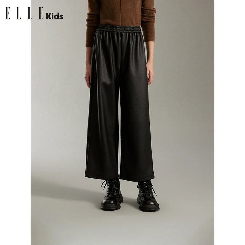 ELLEkids童装法式全腰松紧宽松皮裤女童冬加厚内磨毛九分烟管裤WD