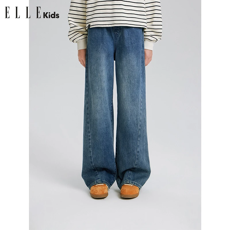 ELLE KIDS童装秋季法式复古百搭显瘦高腰休闲宽松长款牛仔裤Q4