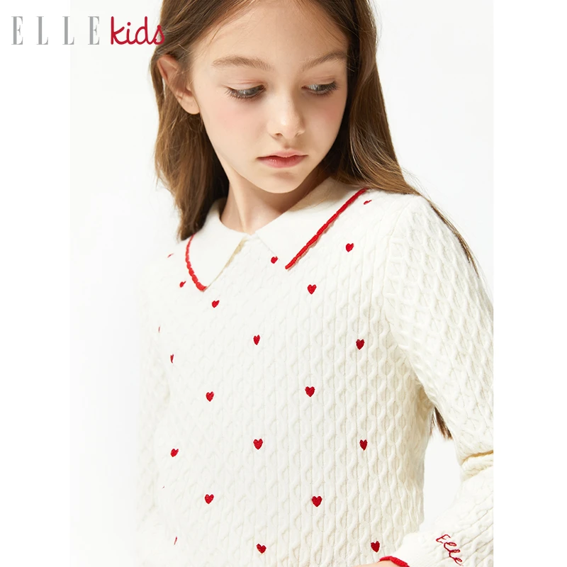 【ELLEkids】童装 法式舒肤绒爱心刺绣翻领打底衫女童秋冬季新款上