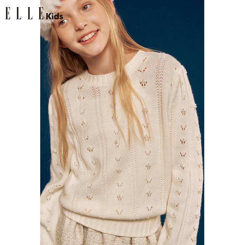 ELLE KIDS法式工坊手缝珍珠钩针毛衣女童秋冬季圆领小个子毛衣D1