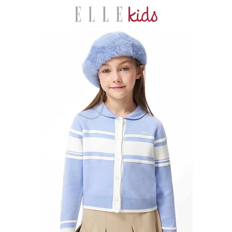 【ELLEkids】 法式羊毛混纺娃娃领学院风毛衣开衫女儿童秋冬新款