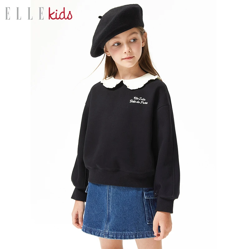 【ELLEkids】童装 法式学院风娃娃领刺绣百搭女童卫衣秋冬新款上衣