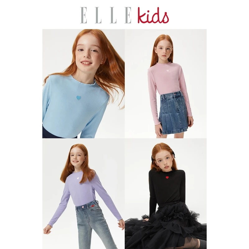 ELLEkids童装 暖阳吧小立领爱心绣标T恤打底衫女童秋季新款童装