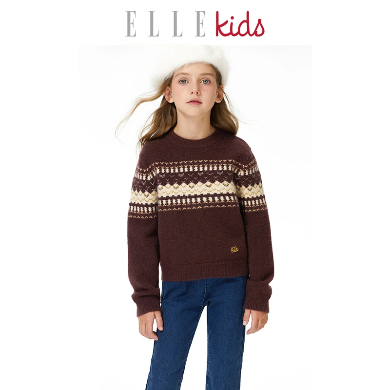 【ELLEkids】童装 法式学院风羊毛混纺毛衣女童秋季新款打底针织衫