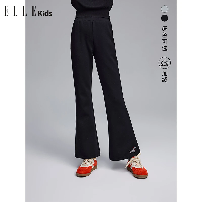ELLE KIDS云朵绒腊肠狗烫钻长裤女童秋冬弹力腰小个子微喇裤子WD