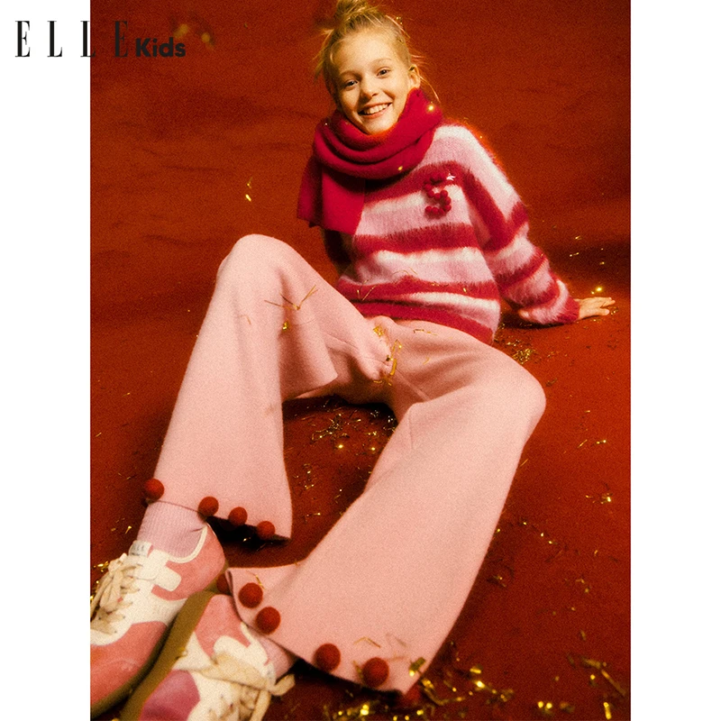 ELLEkids童装毛毡球装饰针织小个子女童冬季过年节休闲毛线长裤D5