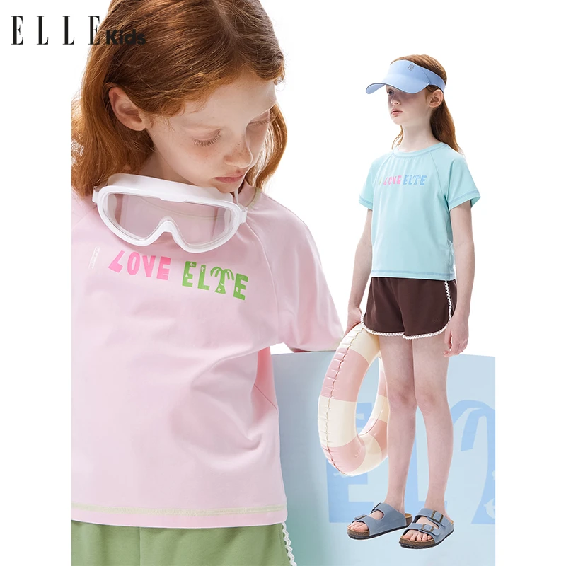 ELLE KIDS童装夏季休闲百搭透气洋气时尚童装合身插肩袖印花T恤A4