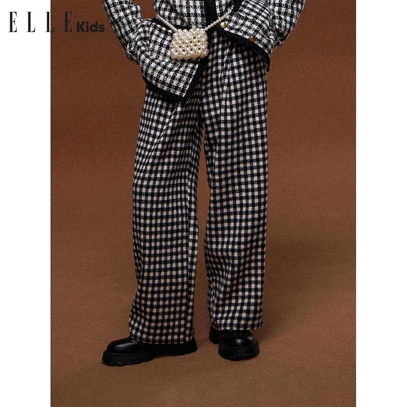 ELLE KIDS法式经典黑白格休闲裤女童冬小香小个子呢料直筒长裤D2