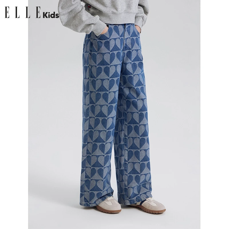 ELLE KIDS童装春秋新潮时尚百搭宽松爱心菱格休闲牛仔裤Q2