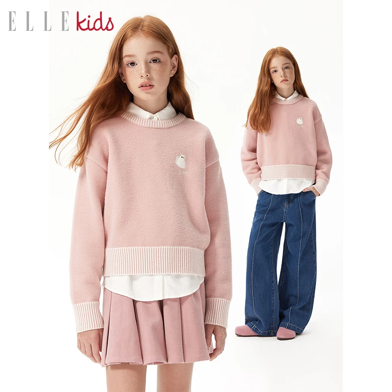 【ELLEkids】童装 法式爱心刺绣宽松慵懒风毛衣女童冬季新款针织衫