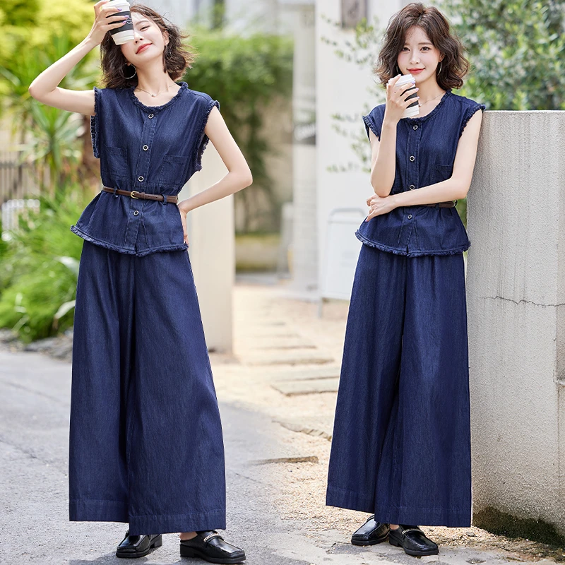 无袖牛仔阔腿裤套装女2024夏季新款休闲时尚高级感气质薄款两件套