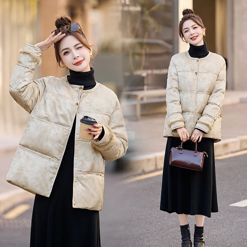 新中式国风水貂毛拼接提花羽绒服女2025冬季款高级感复古短款外套
