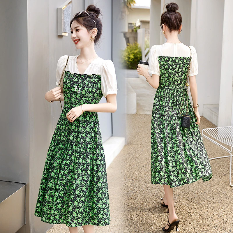 法式拼接碎花连衣裙女2024夏季新款时尚洋气减龄中长款假两件裙子