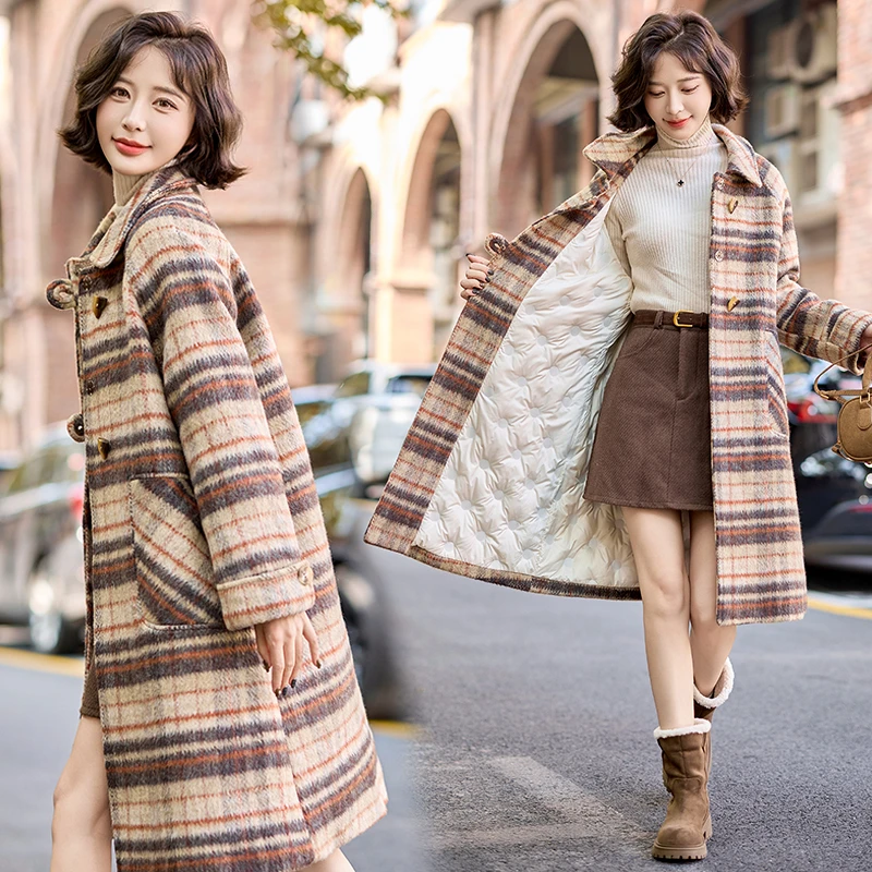 格纹夹棉毛呢外套女中长款2025冬季新款法式气质加厚保暖呢大衣